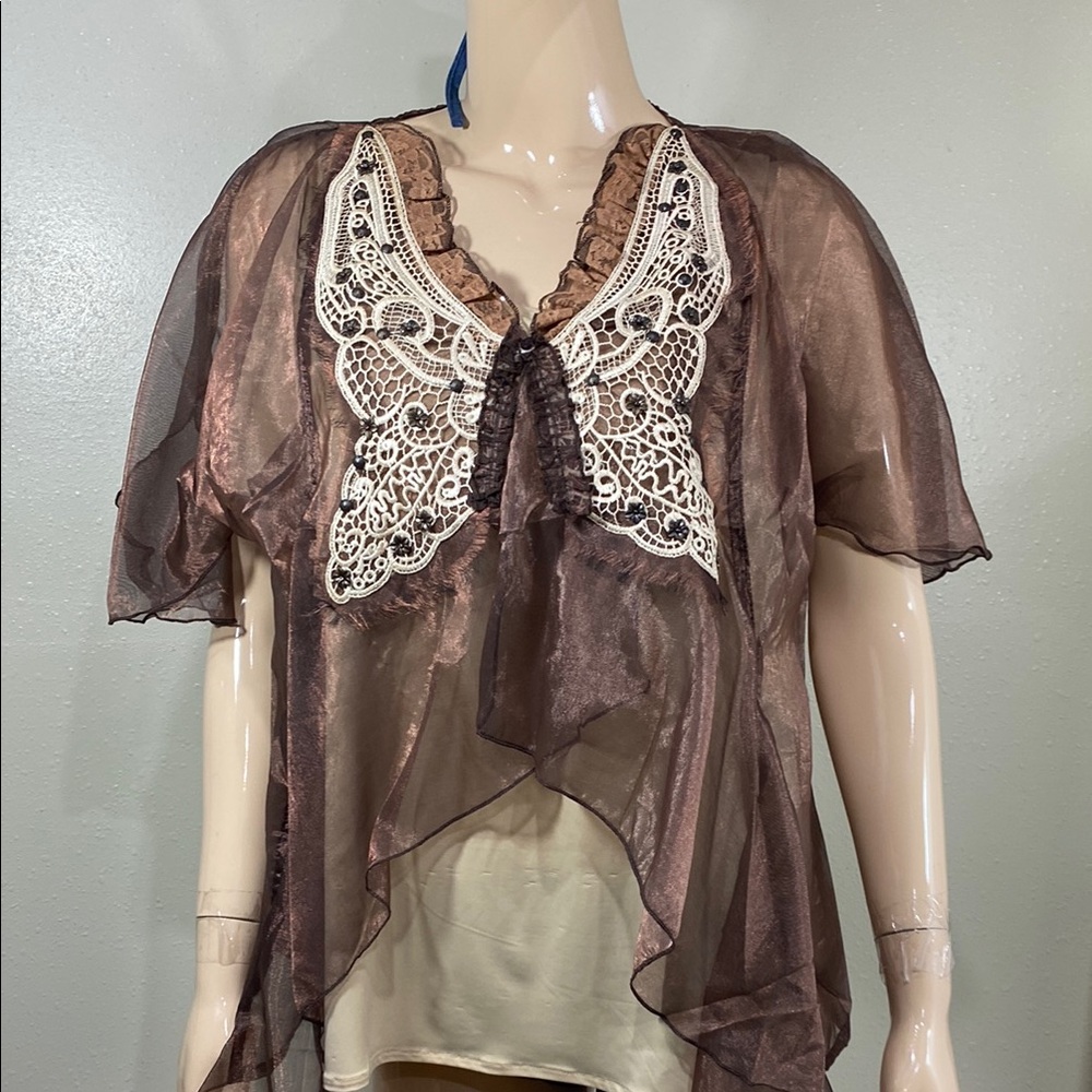 Elegant Sheer Brown Lace Overlay Top